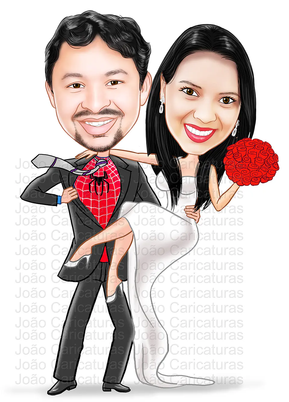 Caricatura de aniversário namorados casal marido mulher herói, homem aranha, namorada presa, amarrada na teia, noivos, casamento ,noiva no colo 2