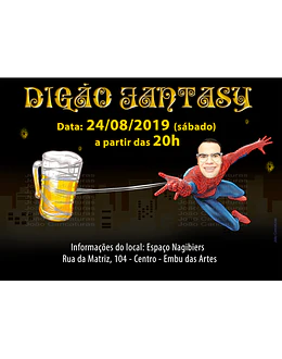 Caricatura  homem aniversariante no convite para festa a fantasia, fantasiado de homem aranha segurando caneca cerveja