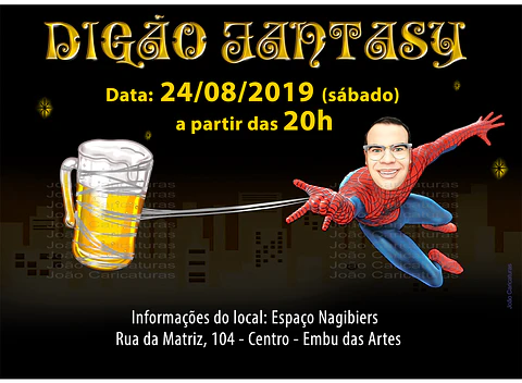 Caricatura  homem aniversariante no convite para festa a fantasia, fantasiado de homem aranha segurando caneca cerveja