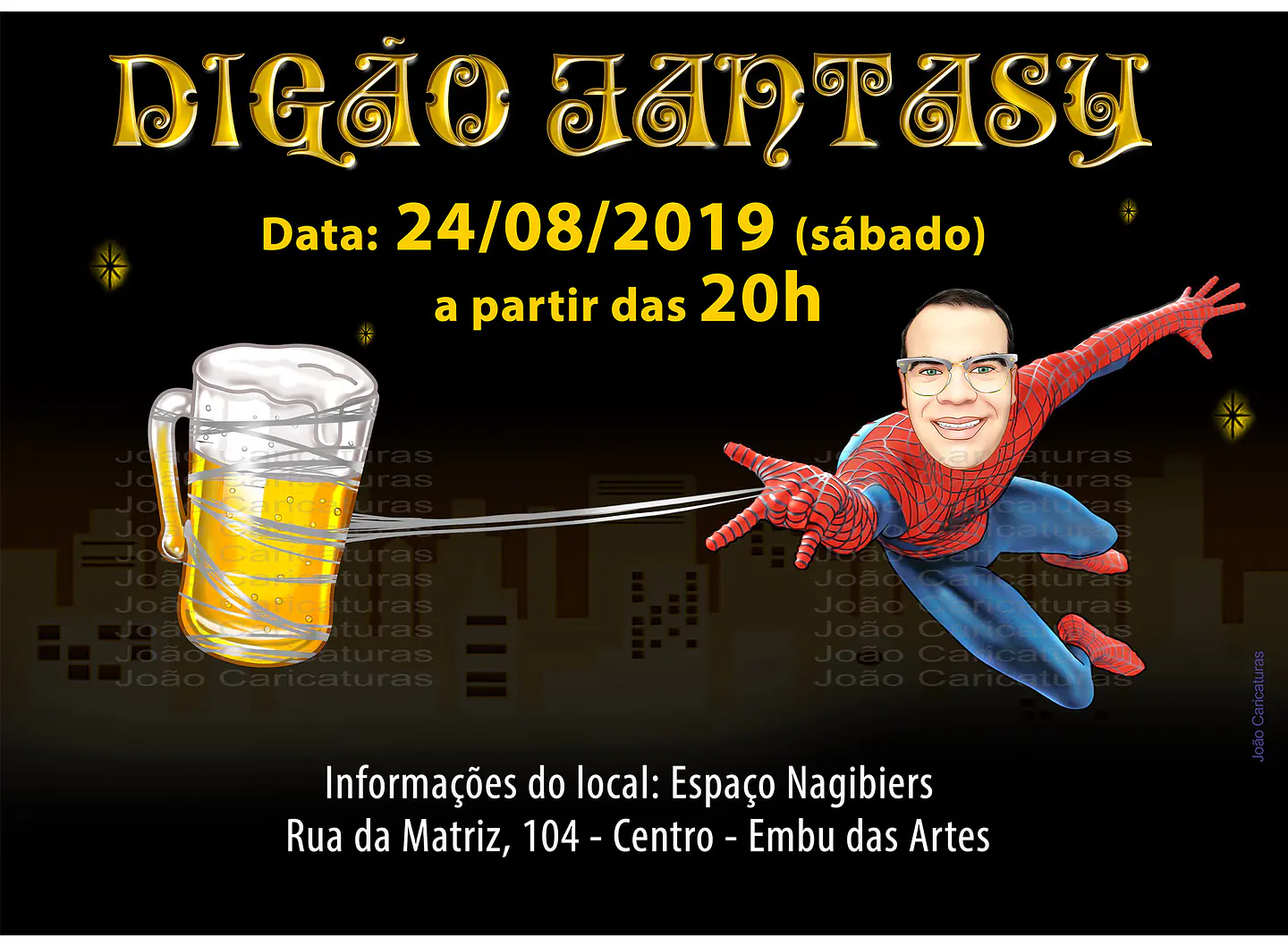 Caricatura  homem aniversariante no convite para festa a fantasia, fantasiado de homem aranha segurando caneca cerveja 1