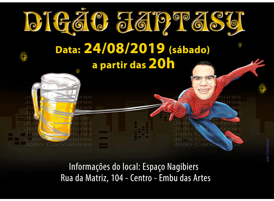 Caricatura  homem aniversariante no convite para festa a fantasia, fantasiado de homem aranha segurando caneca cerveja 1