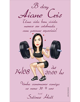 Convite com caricaturas aniversário mulher sensual ,crossfit, fitness, academia, malhando, musculosa, sarada, esportista, lindo corpo feminino