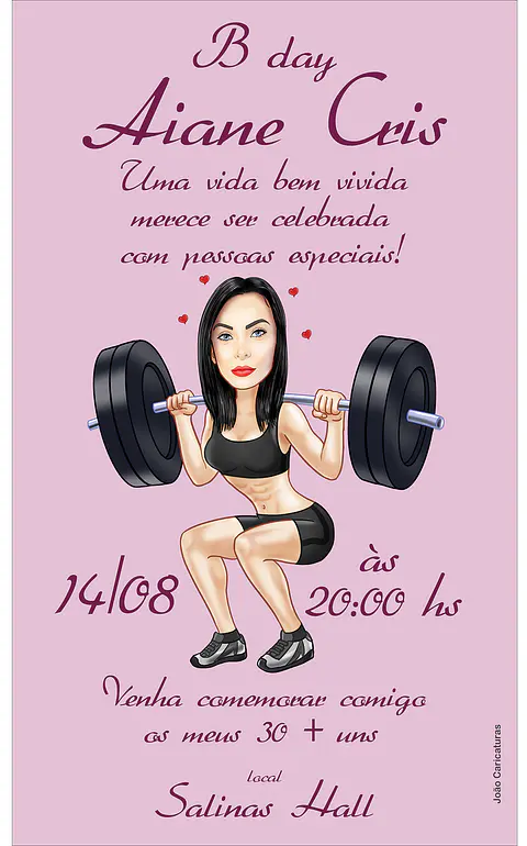 Convite com caricaturas aniversário mulher sensual ,crossfit, fitness, academia, malhando, musculosa, sarada, esportista, lindo corpo feminino