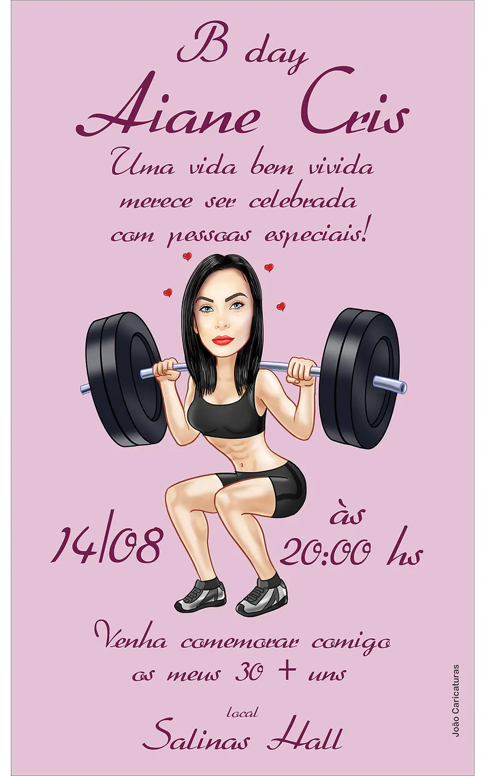 Convite com caricaturas aniversário mulher sensual ,crossfit, fitness, academia, malhando, musculosa, sarada, esportista, lindo corpo feminino 1