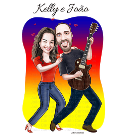 Caricaturas casal, casamento, namorados, tocando violão, músico, guitarrista, artista musical