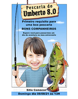 Caricatura criança aniversário festa infantil no tema pescaria, caricatura pescando, pescador, segurando o peixe e a vara de pesaca