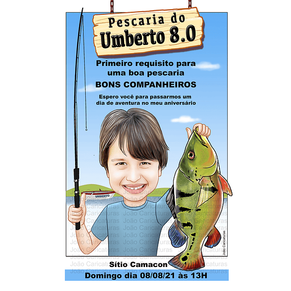 Caricatura criança aniversário festa infantil no tema pescaria, caricatura pescando, pescador, segurando o peixe e a vara de pesaca