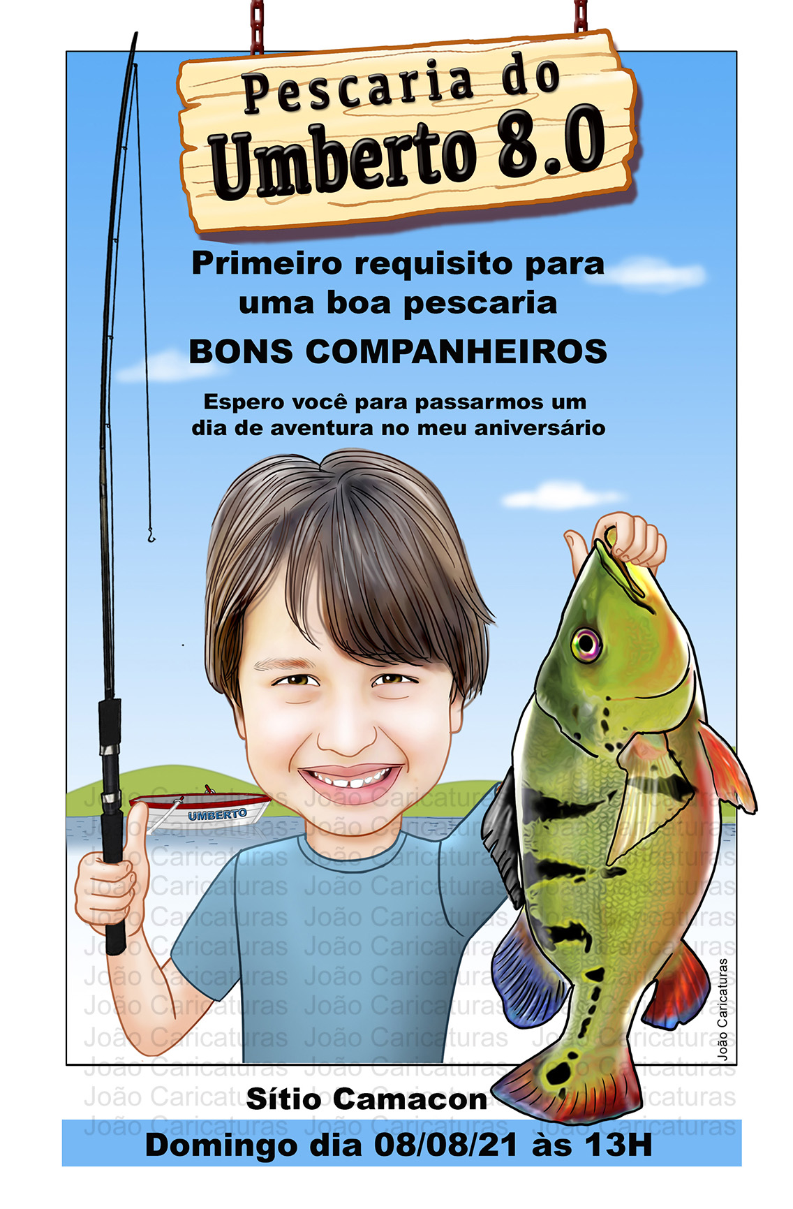 Caricatura criança aniversário festa infantil no tema pescaria, caricatura pescando, pescador, segurando o peixe e a vara de pesaca