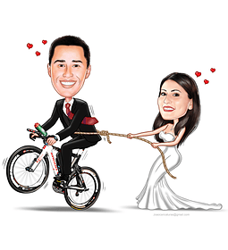 Caricaturas  casamento, casal de noivos, noivo ciclista de terno e amarrado pela cintura numa bike, noiva puxando corda