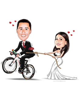 Caricaturas  casamento, casal de noivos, noivo ciclista de terno e amarrado pela cintura numa bike, noiva puxando corda