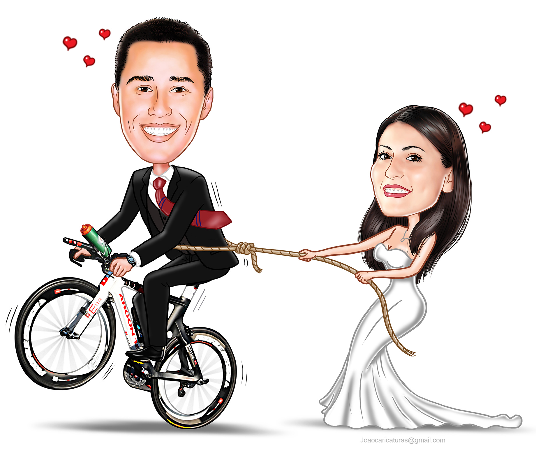 Caricaturas  casamento, casal de noivos, noivo ciclista de terno e amarrado pela cintura numa bike, noiva puxando corda