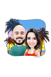 Linda caricatura digital de casal namorados namoro abraçados aniversário festa presente luar príncipe juntinhos crush moderna realista, caprichada rosto normal natura traços perfeitos idênticos, praia
