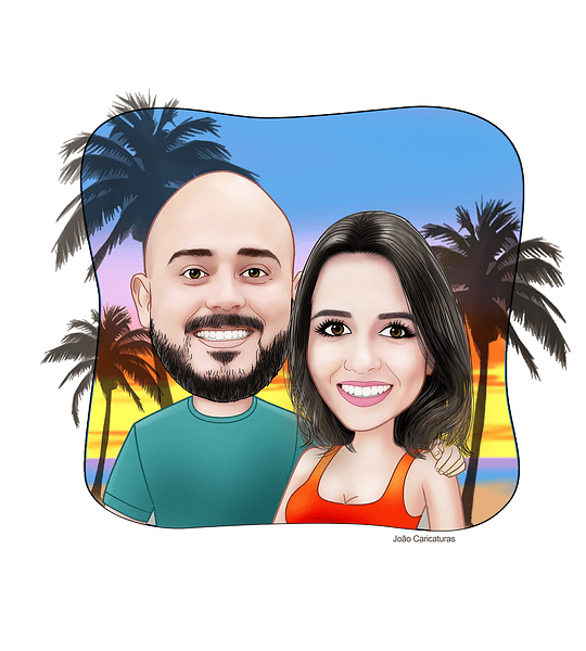 Linda caricatura digital de casal namorados namoro abraçados aniversário festa presente luar príncipe juntinhos crush moderna realista, caprichada rosto normal natura traços perfeitos idênticos, praia