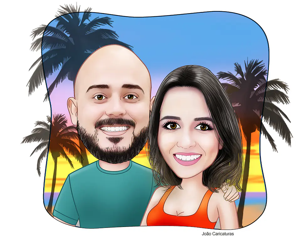 Linda caricatura digital de casal namorados namoro abraçados aniversário festa presente luar príncipe juntinhos crush moderna realista, caprichada rosto normal natura traços perfeitos idênticos, praia 3