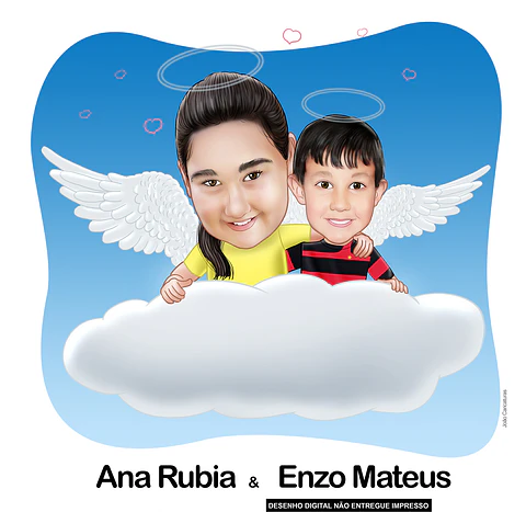 Caricatura irmãos nuvem, família, paraíso, lembrança eterna, carinhosa, homenagem póstumas, (preço por pessoa) in memorian, luto, falecida, falecimento, imagens juntas, imagens unidas, juntos