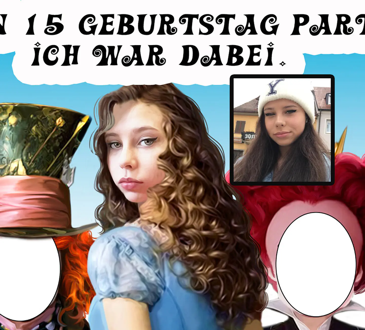 Caricatura personalizada de aniversário 15 anos, banner Boas vindas( 1,8m altura enviado p o cliente imprimir), debutante, Alice no país das Maravilhas, Johnny Deep, chapeleiro maluco, rainha, coelho 3