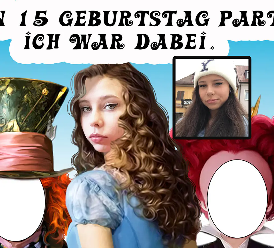 Caricatura personalizada de aniversário 15 anos, banner Boas vindas( 1,8m altura enviado p o cliente imprimir), debutante, Alice no país das Maravilhas, Johnny Deep, chapeleiro maluco, rainha, coelho 3