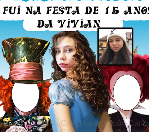 Caricatura personalizada de aniversário 15 anos, banner EU FUI( 1,8m alt enviado p o cliente imprimir), debutante, Alice no país das Maravilhas, John Deep, chapeleiro maluco, rainha, coelho