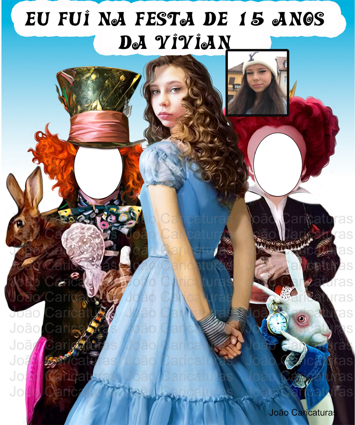 Caricatura personalizada de aniversário 15 anos, banner EU FUI( 1,8m alt enviado p o cliente imprimir), debutante, Alice no país das Maravilhas, John Deep, chapeleiro maluco, rainha, coelho