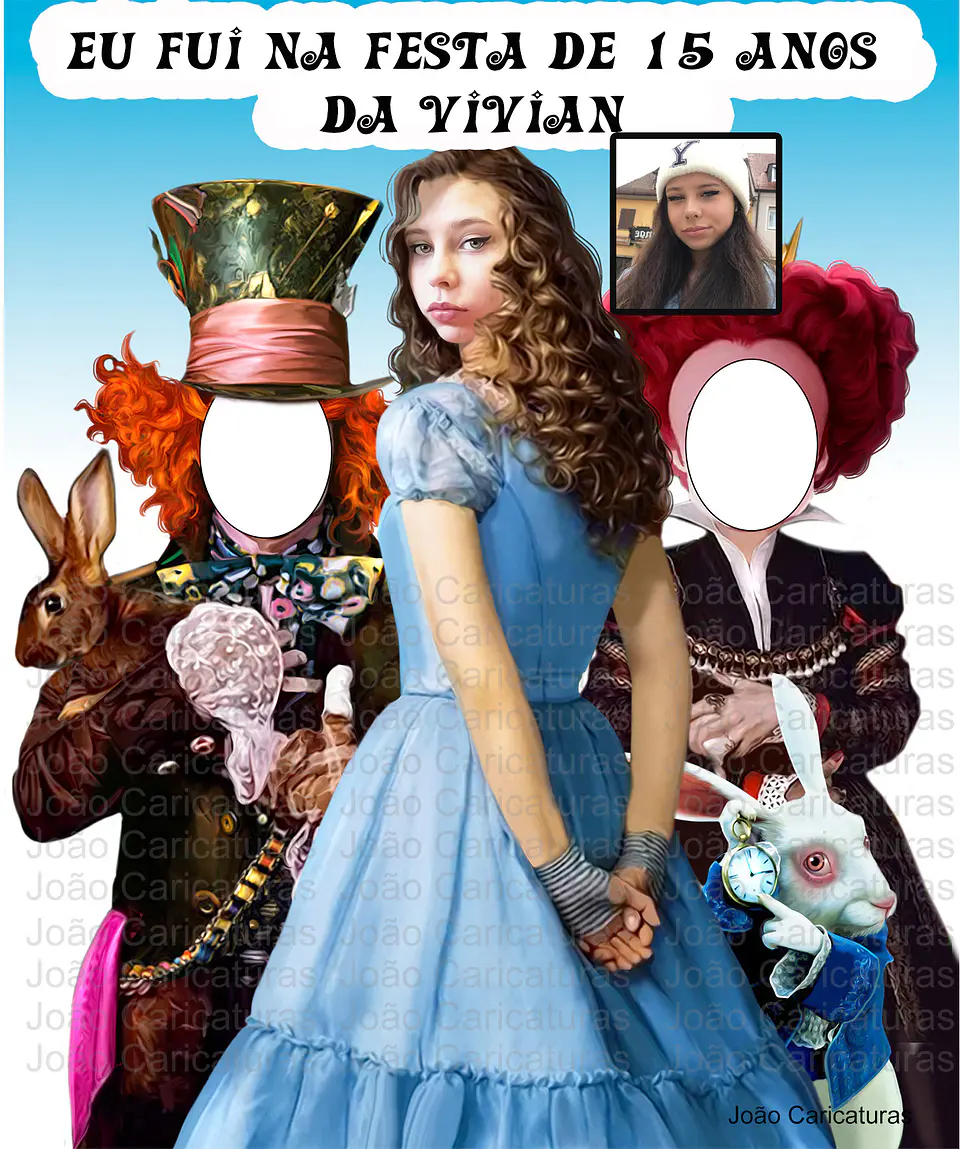 Caricatura personalizada de aniversário 15 anos, banner EU FUI( 1,8m alt enviado p o cliente imprimir), debutante, Alice no país das Maravilhas, John Deep, chapeleiro maluco, rainha, coelho 1