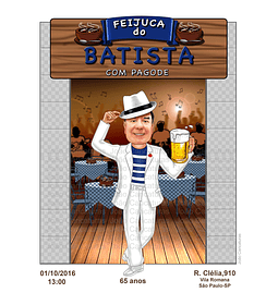 Caricatura  de aniversariante para convite aniversário boteco, feijoada, cozinha, festa, comemoração, arte decorativa p impressão de banner, convite, feijoadaetc