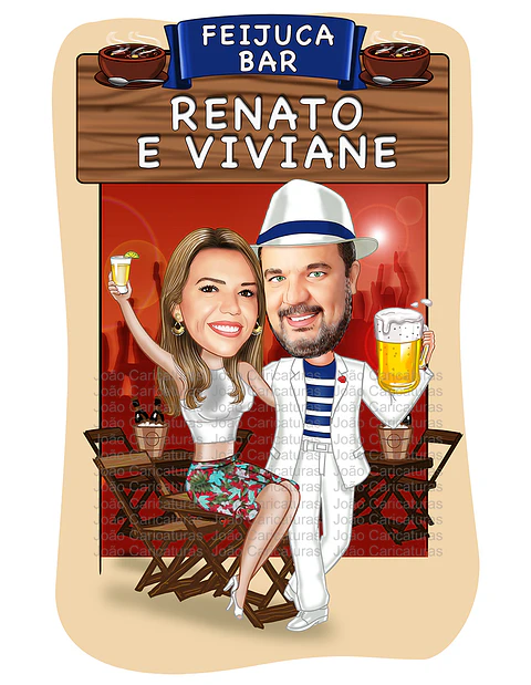 Caricatura convite Digital -Tema boteco duplo, casal, pandeiro, roda samba, pagode, musica ao vivo, banda, ambiente bar, barzinho, casa show,apaixonados,aniversário, convite duplo,