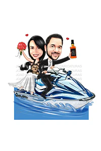 Caricatura casamento noivo pilotando moto ski, jet ski, moto aquática, mar, sentados, namorados, casando, RXT X