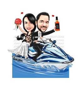 Caricatura casamento noivo pilotando moto ski, jet ski, moto aquática, mar, sentados, namorados, casando