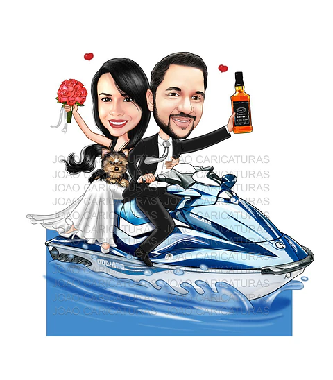 Caricatura casamento noivo pilotando moto ski, jet ski, moto aquática, mar, sentados, namorados, casando, RXT X