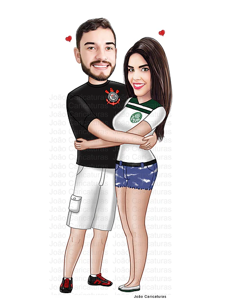 Caricatura digital de casal namorados namoro abraçados aniversário festa presente luar príncipe juntinhos crush moderna realista, caprichada rosto normal natura traços perfeitos vinho Santos 