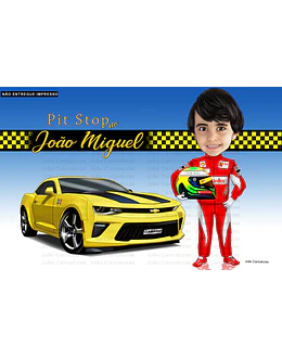Caricatura aniversário, banner, decoração, convite,  criança, filho, neto, sobrinho, piloto, carrão,carro, infantil, esportivo, veloz, pilotando, pit stop, macacão, camaro amarelo, capacete, carros,  