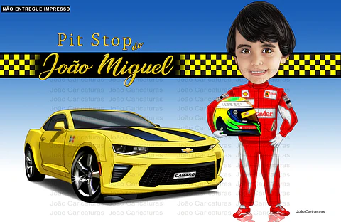 Caricatura Infantil Piloto de Corrida com Camaro AmareloCaricatura Infantil Piloto de Corrida com Camaro Amarelo