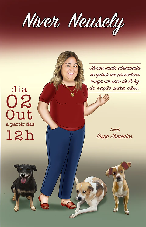 Convite com caricaturas aniversário, mulher, apaixonada por cães, pets, digital, para enviar pelo zap, festa, animais
