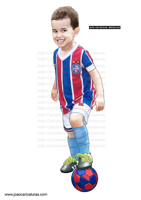 Caricatura, desenho, arte colorida, imagem digital, aniversário criança, filho, neto, sobrinho, camisa, time bebê, garoto, menino, jogador, seleção, craque 