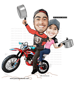 Caricaturas convite  festa chá de panela casal em motocross comemorando 