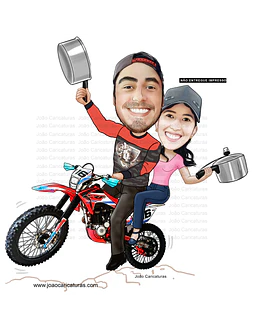 Caricaturas convite  festa chá de panela casal em motocross comemorando 
