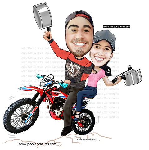 Caricaturas convite  festa chá de panela casal em motocross comemorando 