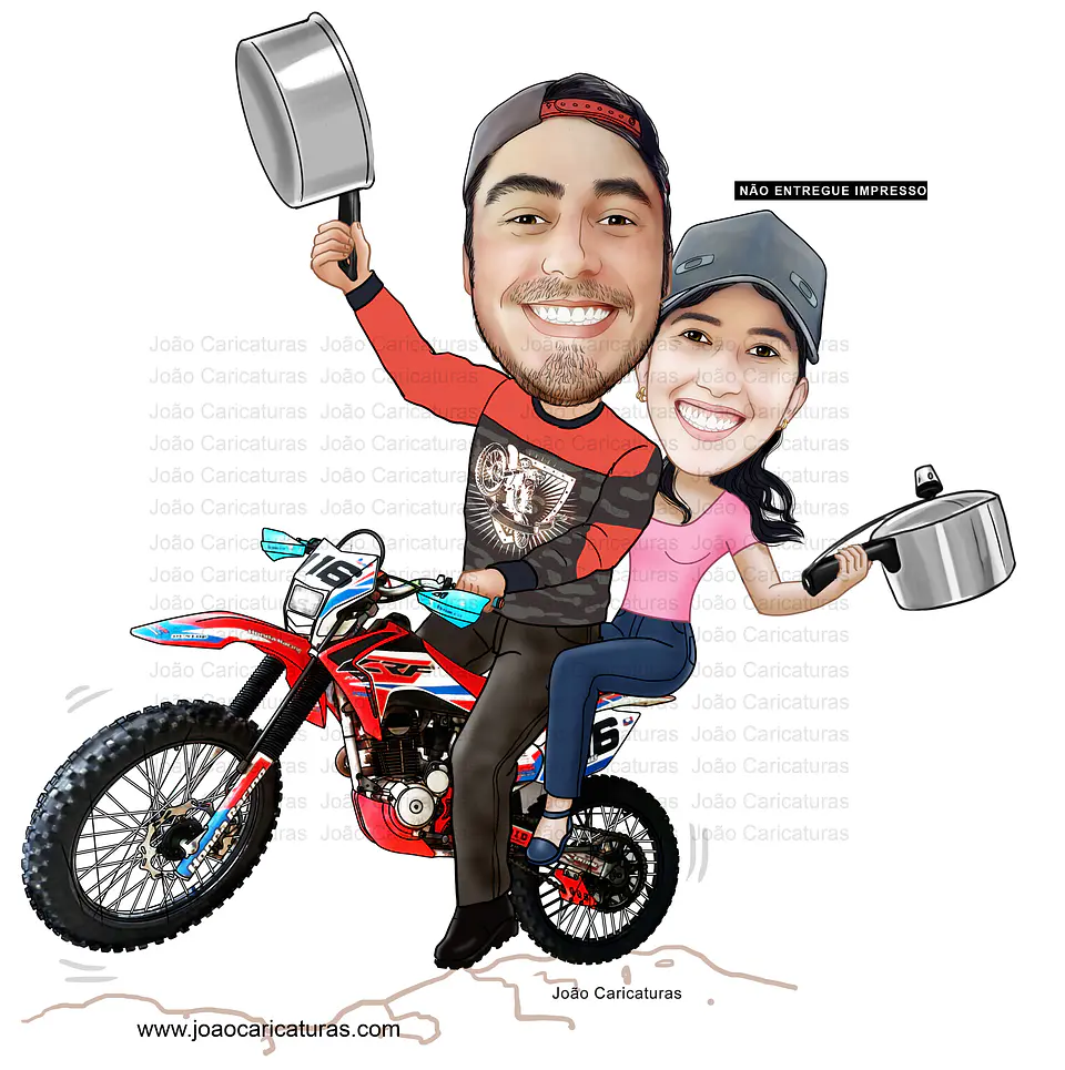 Caricaturas convite  festa chá de panela casal em motocross comemorando  1
