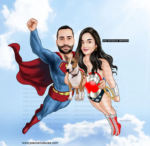 caricaturas casal namorados marido mulher esposo esposa realista casamento mulher maravilha e superman abraçando apaixonados sensual romântica  digitais delicados presente quadrinho heróis