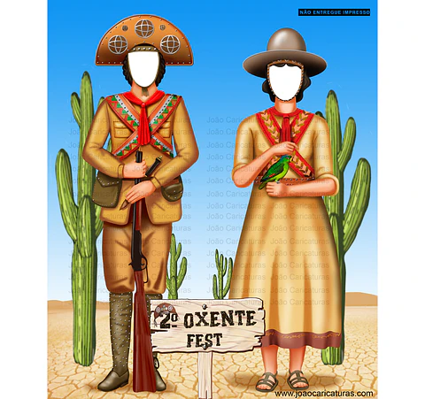 Lindo desenho, enviado por email,  para imprimir, Banner EuFui, casal nordestino, lampião, Maria Bonita, cangaceiro, rei do cangaço, espingarda, chapéu de couro, cactos, sertão, espingarda 