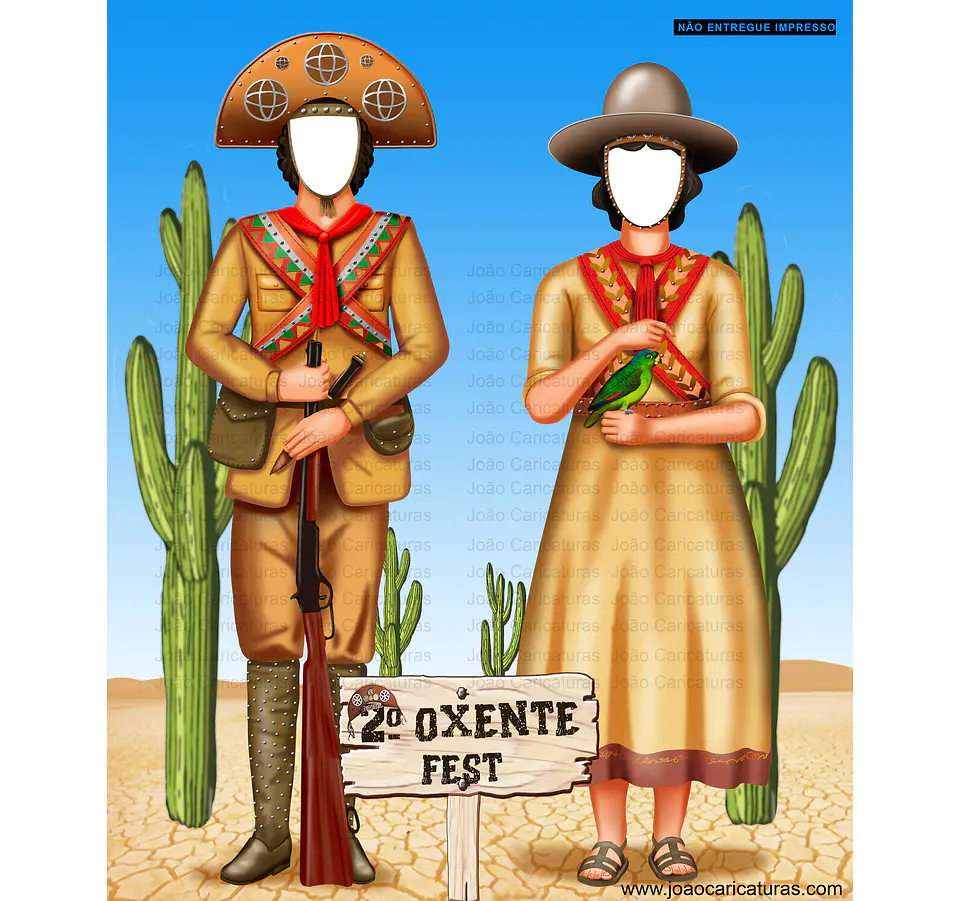 Lindo desenho, enviado por email,  para imprimir, Banner EuFui, casal nordestino, lampião, Maria Bonita, cangaceiro, rei do cangaço, espingarda, chapéu de couro, cactos, sertão, espingarda  1