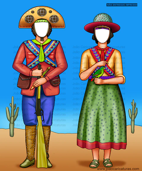 Desenho, enviado por email,  para imprimir, Banner EuFui, casal nordestino, lampião, Maria Bonita, cangaceiro, rei do cangaço, espingarda, chapéu de couro, cactos, sertão, cordel, folclore 