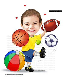 Caricatura aniversário, bebê, menino, tema bolas, bola, basquete, vôlei, futebol, futebol americano, praia, tênis, american football ball 