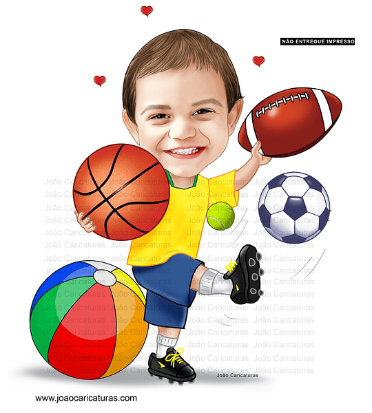 Caricatura aniversário, bebê, menino, tema bolas, bola, basquete, vôlei, futebol, futebol americano, praia, tênis, american football ball 