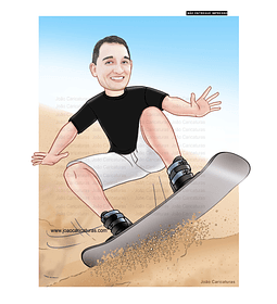 Caricaturas aniversário, homem, atleta, hobby, surf de areia, skate, skimboard, surfando.