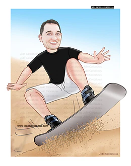 Caricaturas aniversário, homem, atleta, hobby, surf de areia, skate, skimboard, surfando.