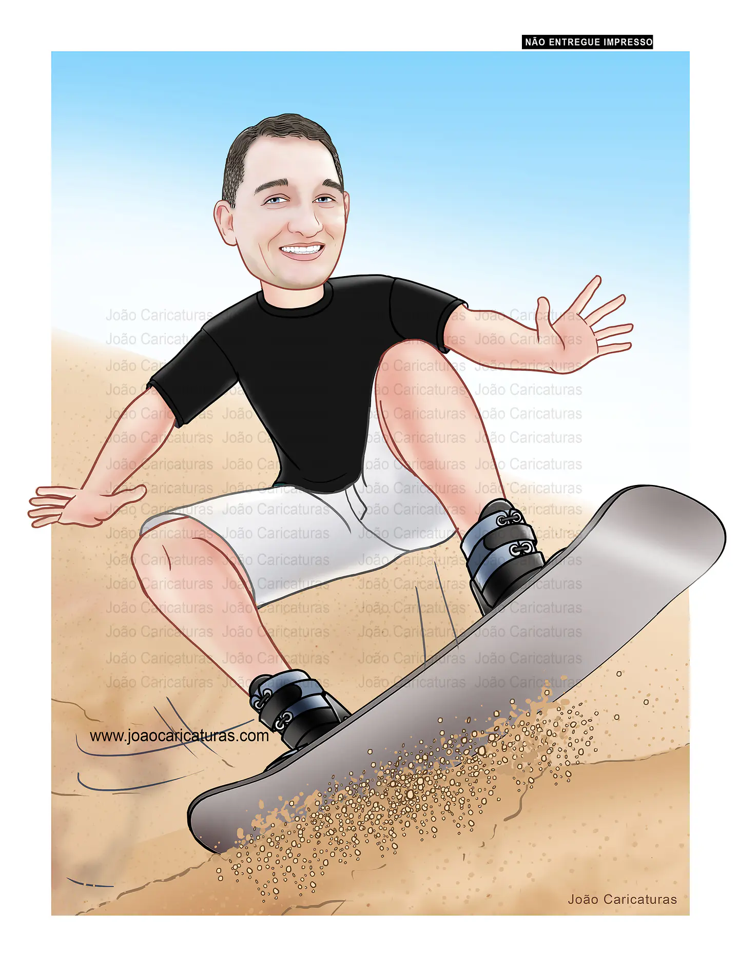 Caricaturas aniversário, homem, atleta, hobby, surf de areia, skate, skimboard, surfando. 1