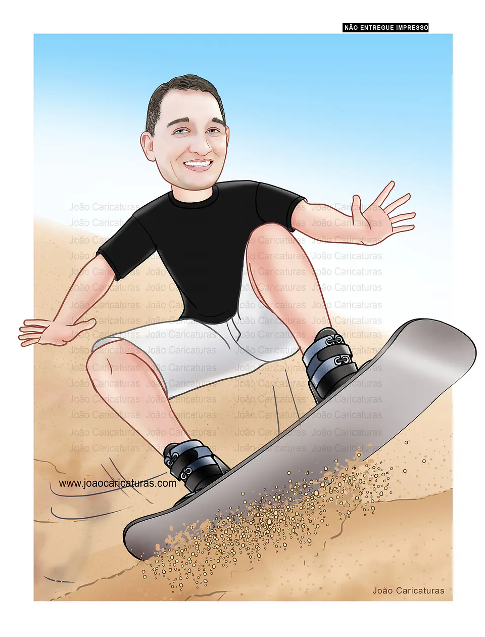 Caricaturas aniversário, homem, atleta, hobby, surf de areia, skate, skimboard, surfando. 1