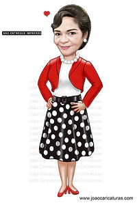 Caricatura mulher Aniversariante festa estilo anos 50 60 70 80 vestido bolinha amarelinha sra idosa velha guarda caricatura desenho letras letreiro moda vestimenta