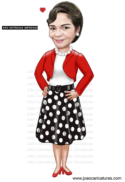 Caricatura mulher Aniversariante festa estilo anos 50 60 70 80 vestido bolinha amarelinha sra idosa velha guarda caricatura desenho letras letreiro moda vestimenta
